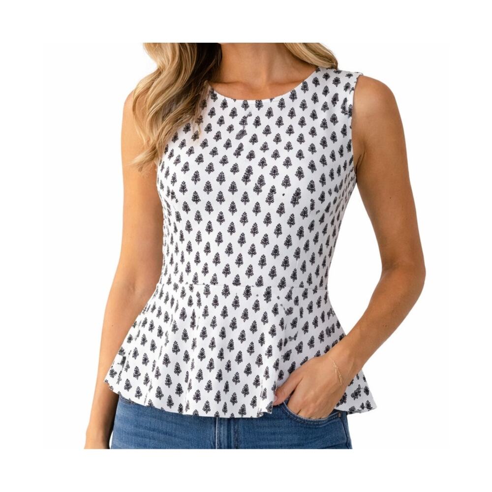J.Crew XS Black White Cotton Peplum Blouse Sleeveless Printed Top Career Preppy